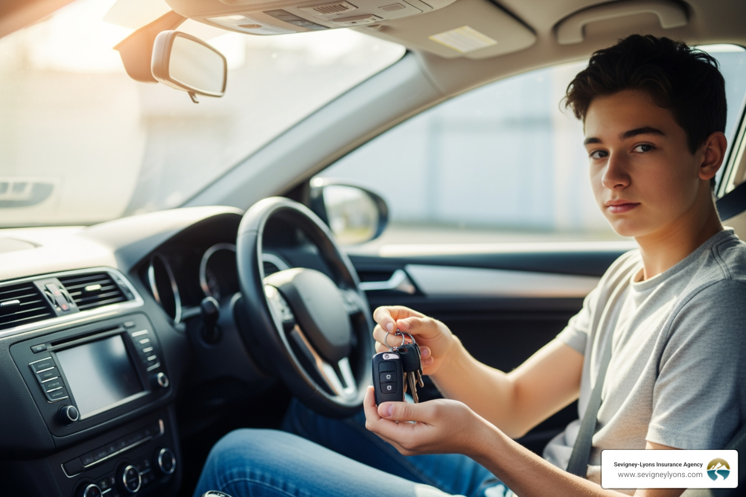 teenager driving in car