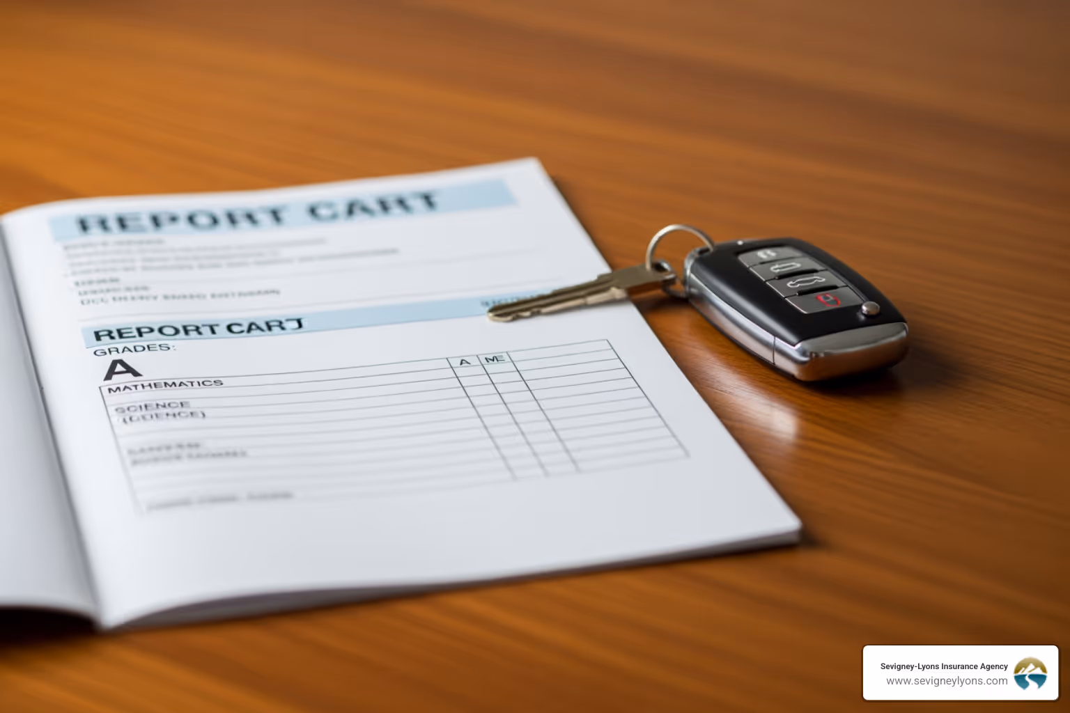 Image of a student's report card with an 'A' grade next to a car key - automobile insurance for teenagers