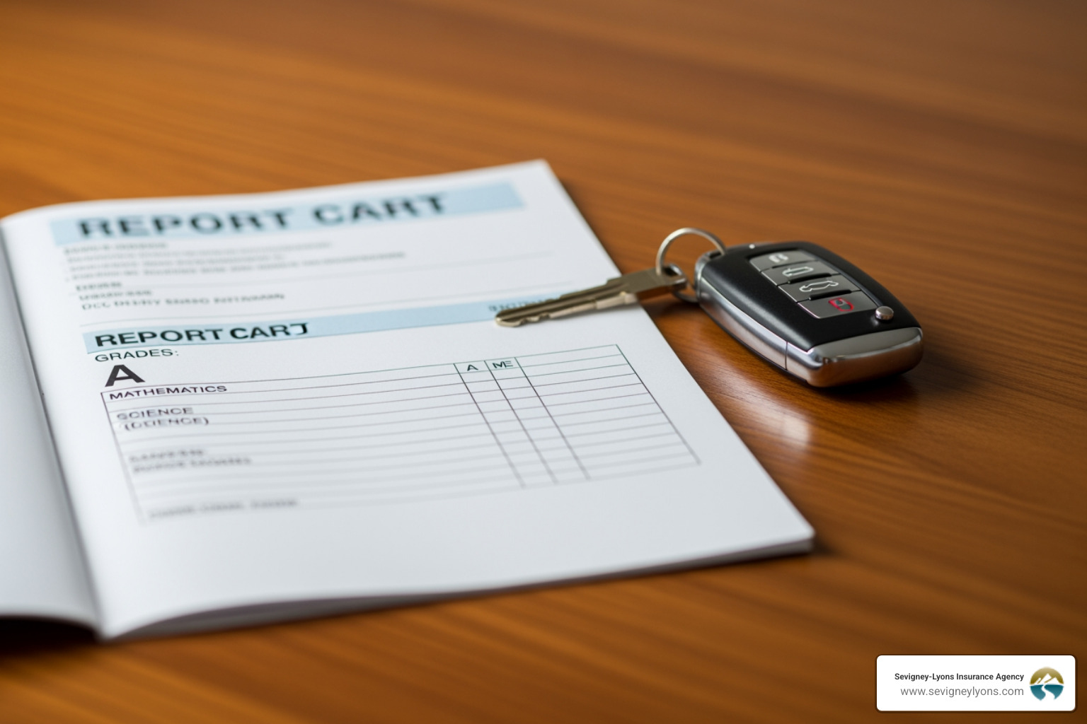 Image of a student's report card with an 'A' grade next to a car key - automobile insurance for teenagers