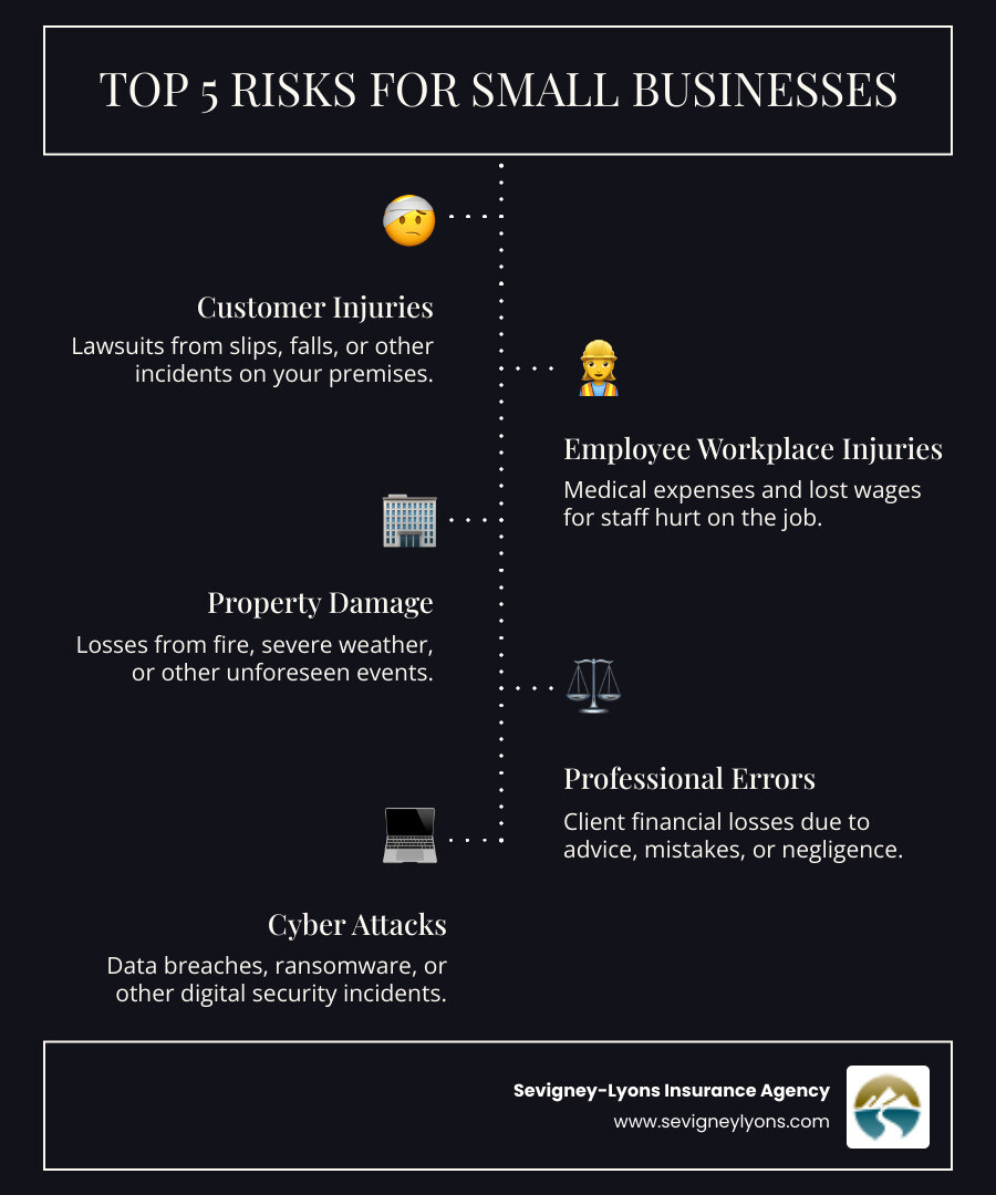 infographic showing the top 5 risks for small businesses: lawsuits from customer injuries, employee workplace injuries, property damage from fire or weather, professional errors leading to client losses, and cyber attacks or data breaches - small business insurance infographic infographic-line-5-steps-dark infographic showing the top 5 risks for small businesses: lawsuits from customer injuries, employee workplace injuries, property damage from fire or weather, professional errors leading to client losses, and cyber attacks or data breaches - small business insurance infographic infographic-line-5-steps-dark