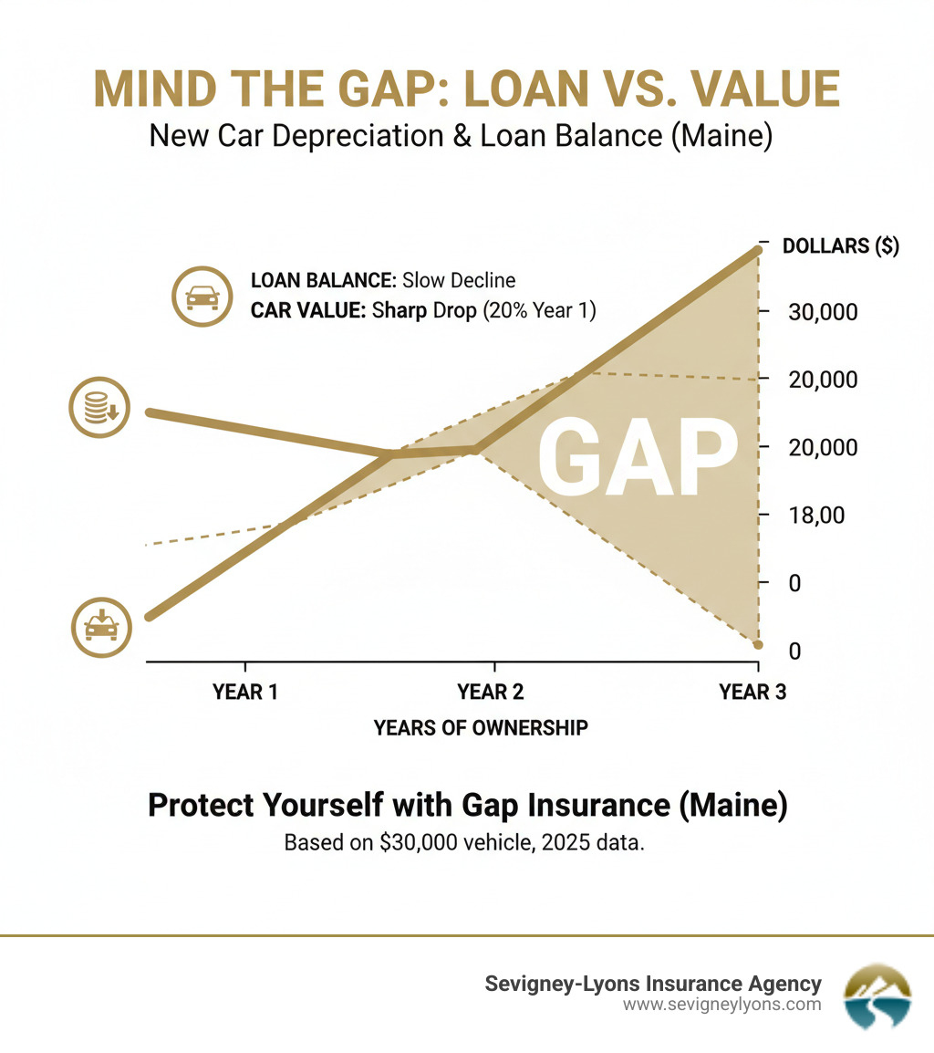 Infographic showing how vehicle depreciation creates a gap between loan balance and actual cash value over the first three years of ownership, with loan balance line starting at $30,000 and declining slowly while actual cash value line starts at $30,000 and drops sharply to $24,000 in year one, creating a widening gap between the two lines - Gap Insurance Maine infographic 