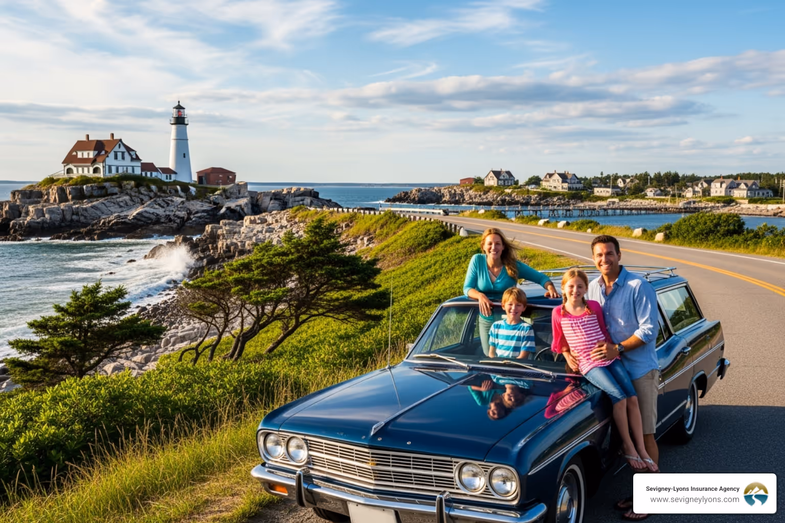 Family smiling with their car in a Southern Maine setting - Gap Insurance Maine