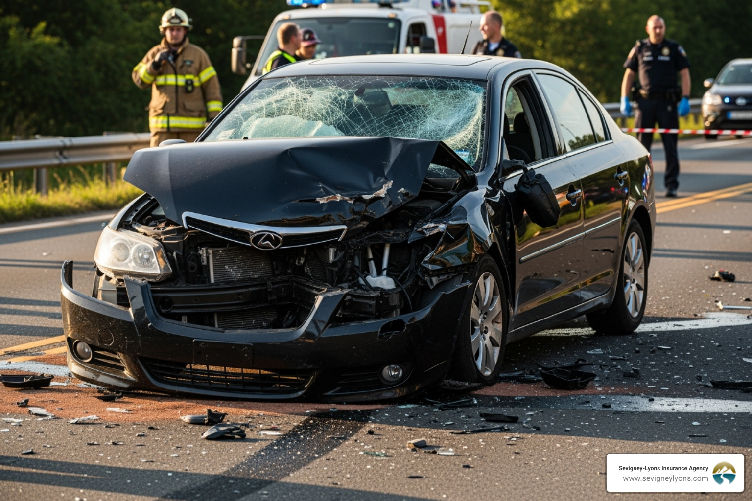 Car accident scene with a "Totaled" stamp overlay - Gap Insurance Maine