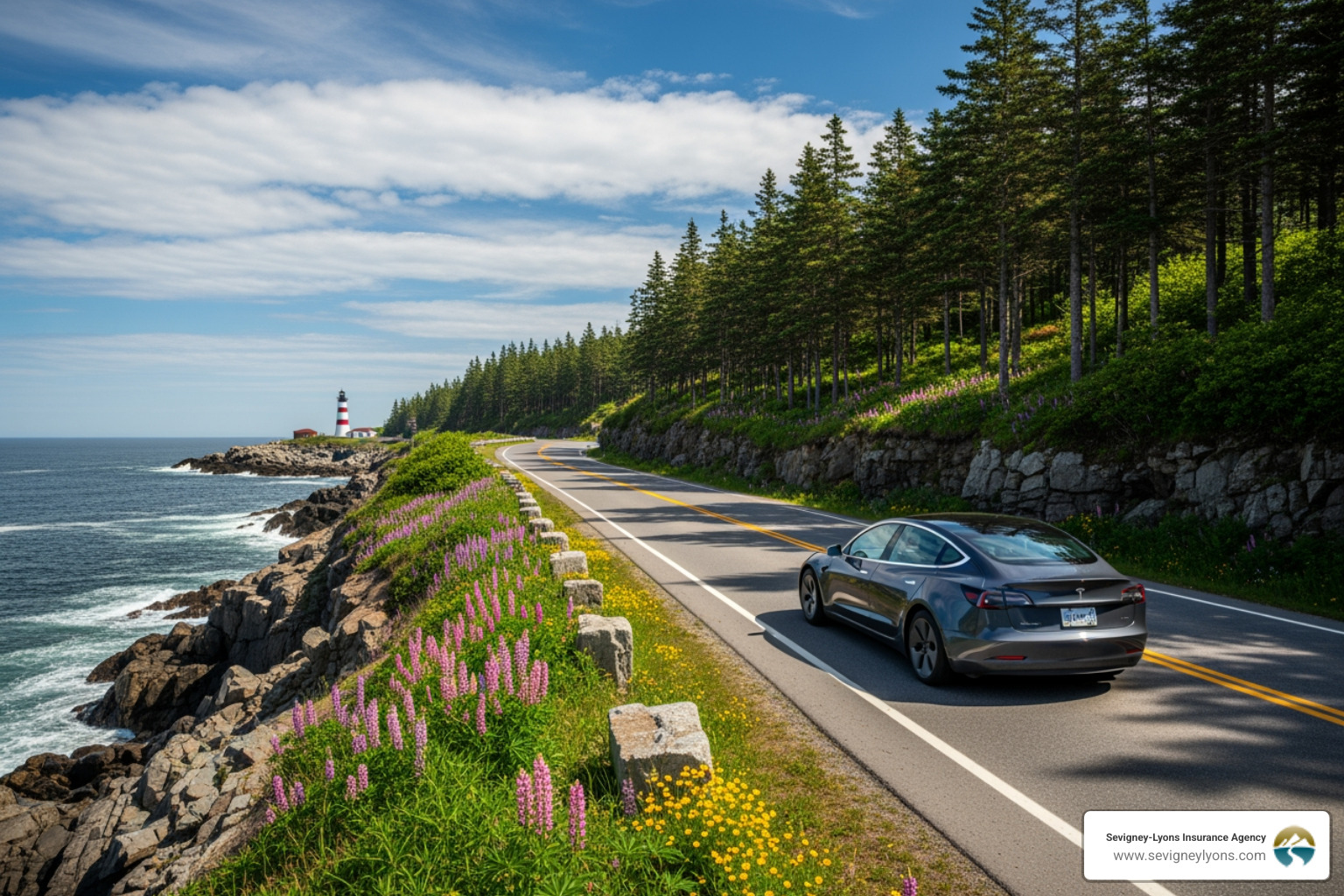 car driving on a scenic Maine coastal road - insurance rates for teenagers