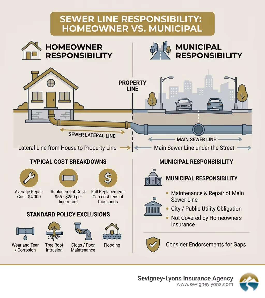 Infographic showing homeowner responsibility for the sewer lateral line from the house to the property line, versus municipal responsibility for the main sewer line under the street, with cost breakdowns for repairs and typical exclusions from standard homeowners policies - does homeowners insurance cover main sewer line infographic 