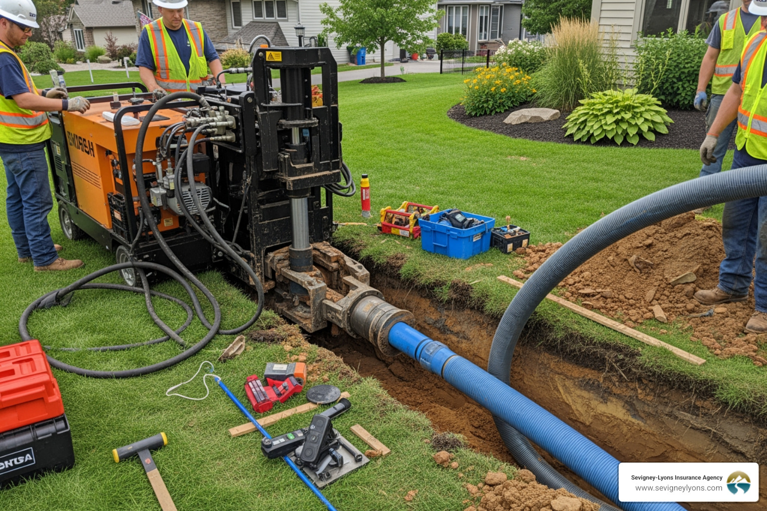 Trenchless pipe bursting machine being used in a residential yard - does homeowners insurance cover main sewer line