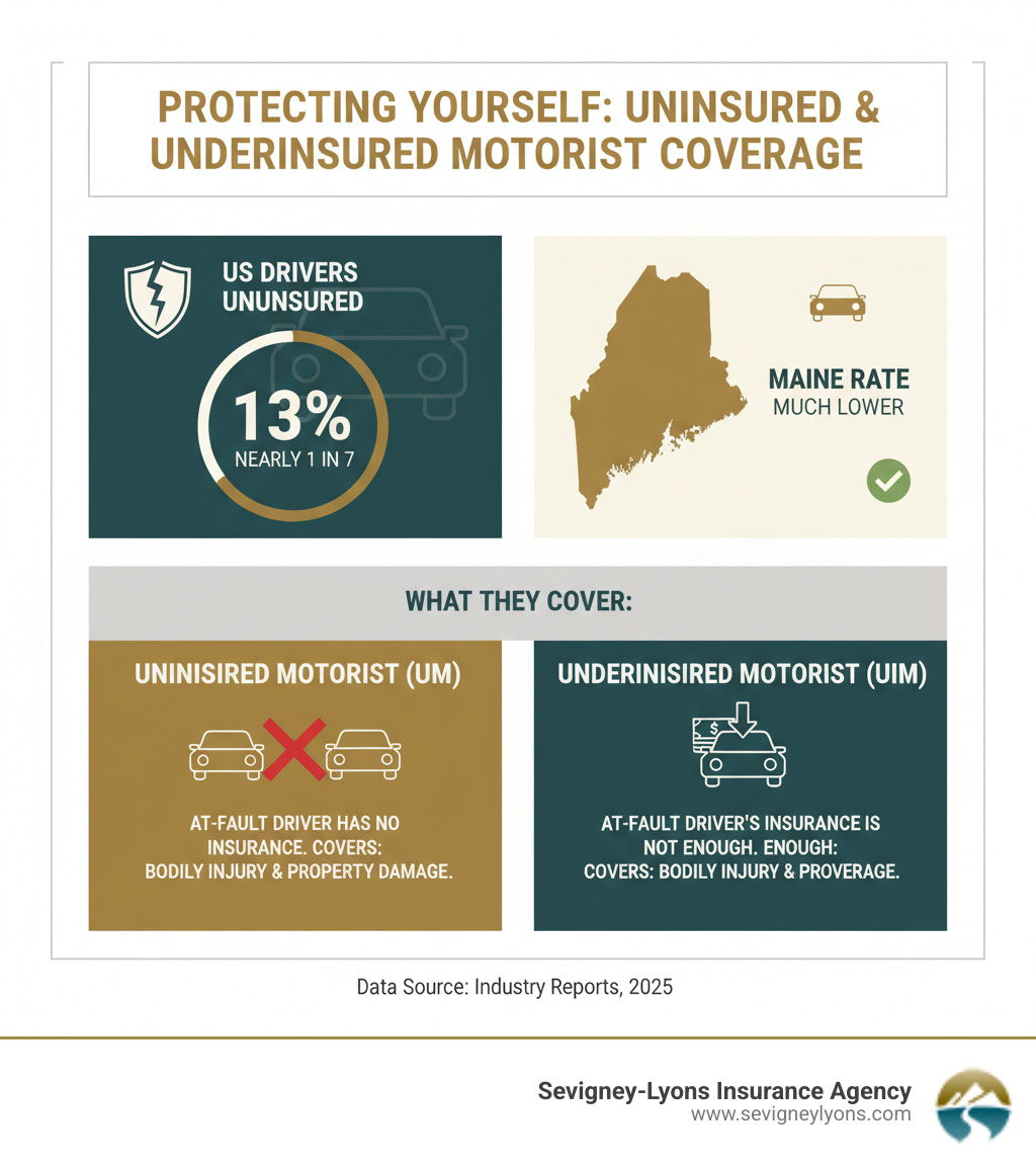 Infographic showing that nearly 13% of US drivers are uninsured, while Maine has a much lower rate. It also defines Uninsured Motorist (UM) Coverage as protection when the at-fault driver has no insurance, and Underinsured Motorist (UIM) Coverage as protection when the at-fault driver's insurance is insufficient, both covering bodily injury and sometimes property damage. - Uninsured motorist coverage infographic 