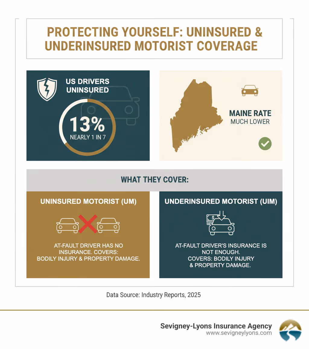 Infographic showing that nearly 13% of US drivers are uninsured, while Maine has a much lower rate. It also defines Uninsured Motorist (UM) Coverage as protection when the at-fault driver has no insurance, and Underinsured Motorist (UIM) Coverage as protection when the at-fault driver's insurance is insufficient, both covering bodily injury and sometimes property damage. - Uninsured motorist coverage infographic