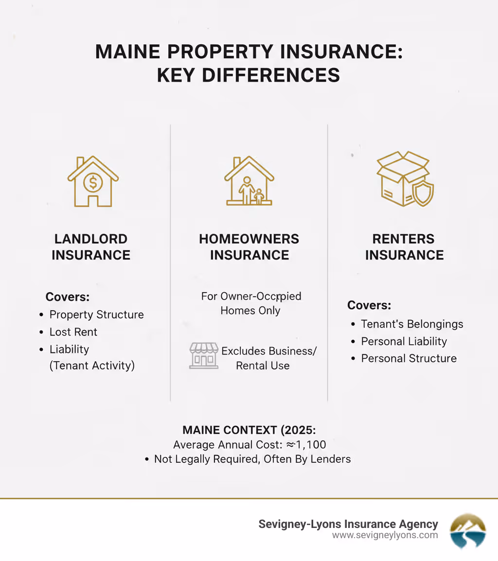 infographic explaining the key differences between Landlord, Homeowners, and Renters insurance - Rental Property Insurance Maine infographic 