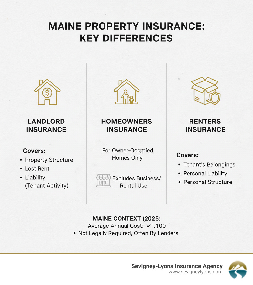 infographic explaining the key differences between Landlord, Homeowners, and Renters insurance - Rental Property Insurance Maine infographic infographic explaining the key differences between Landlord, Homeowners, and Renters insurance - Rental Property Insurance Maine infographic