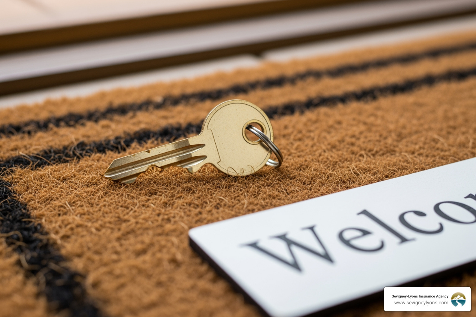 A close-up shot of a house key on a doormat with a small "Welcome" sign, implying a new tenant - Rental Property Insurance Maine A close-up shot of a house key on a doormat with a small "Welcome" sign, implying a new tenant - Rental Property Insurance Maine