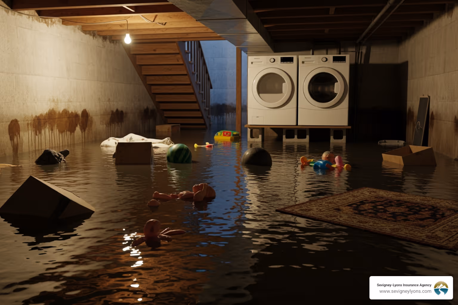 A flooded basement with water covering the floor and damaged belongings - Rental Property Insurance Maine