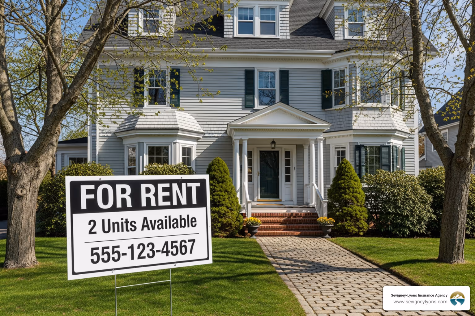 A 'For Rent' sign is prominently displayed in front of a well-maintained multi-family home in Biddeford, Maine - Rental Property Insurance Maine