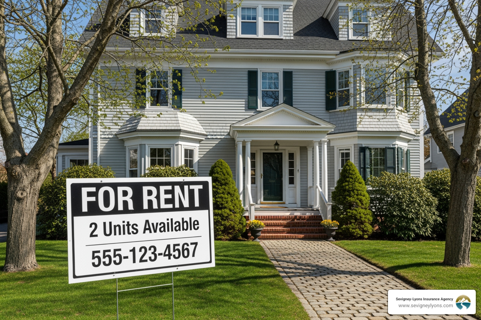 A 'For Rent' sign is prominently displayed in front of a well-maintained multi-family home in Biddeford, Maine - Rental Property Insurance Maine A 'For Rent' sign is prominently displayed in front of a well-maintained multi-family home in Biddeford, Maine - Rental Property Insurance Maine
