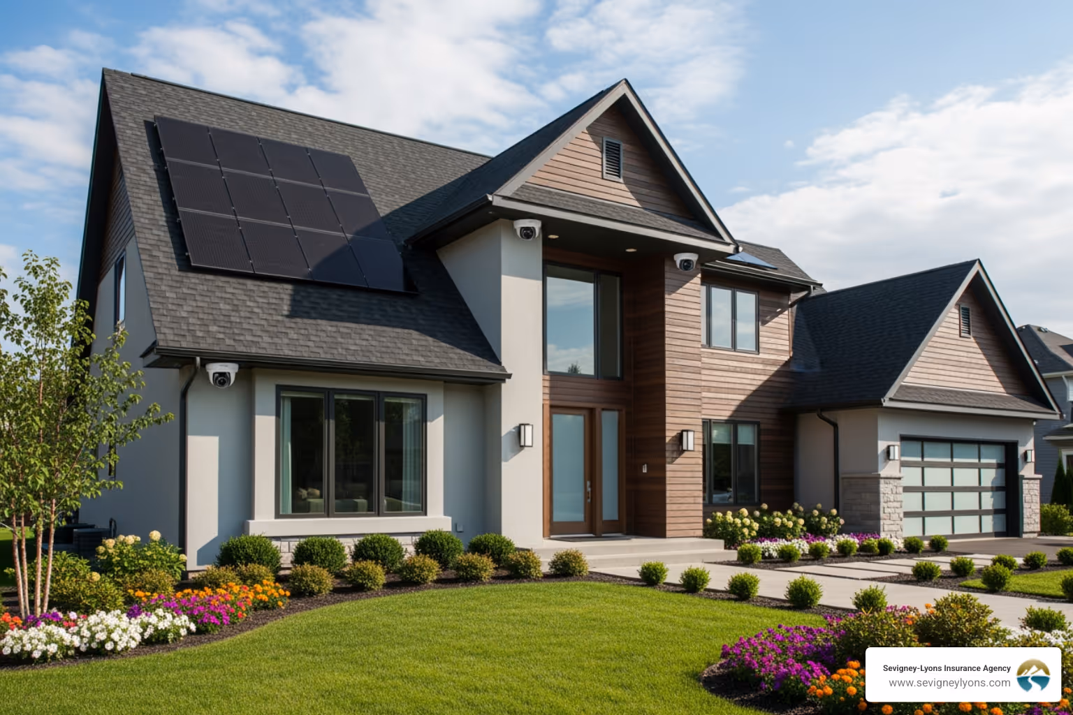 A modern home in a suburban setting, featuring a well-maintained roof, visible security cameras, and a neatly landscaped yard - Rental Property Insurance Maine