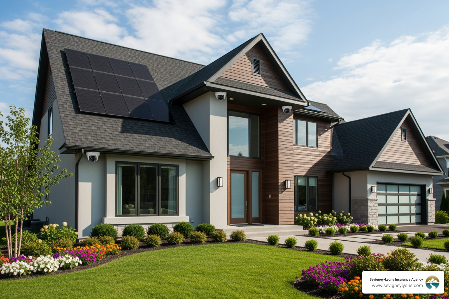 A modern home in a suburban setting, featuring a well-maintained roof, visible security cameras, and a neatly landscaped yard - Rental Property Insurance Maine A modern home in a suburban setting, featuring a well-maintained roof, visible security cameras, and a neatly landscaped yard - Rental Property Insurance Maine