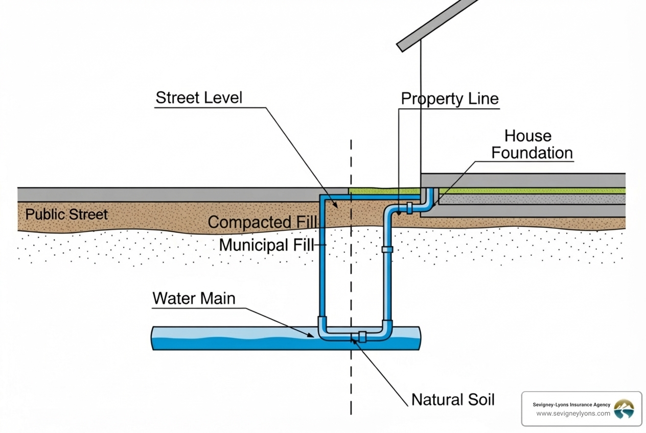 diagram showing property line, city water main, and homeowner service line - does homeowners insurance cover water main