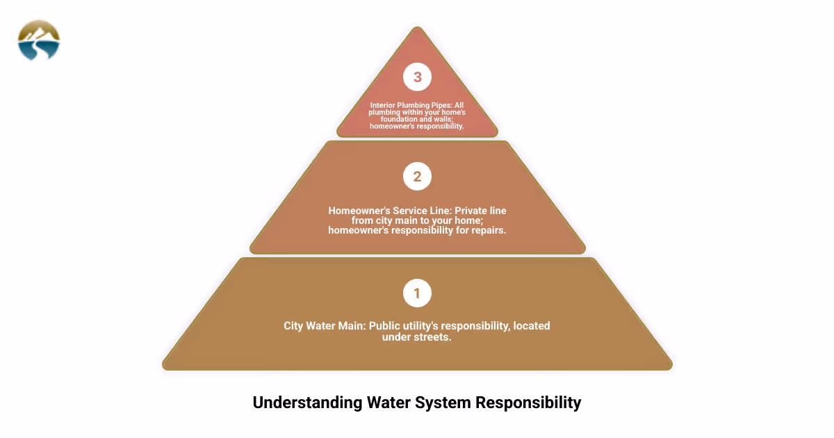 infographic showing the difference between a municipal water main under the street, a homeowner's private service line running from the street to the house, and interior plumbing pipes inside the home, with clear labels indicating who is responsible for each section - does homeowners insurance cover water main infographic 3_stage_pyramid