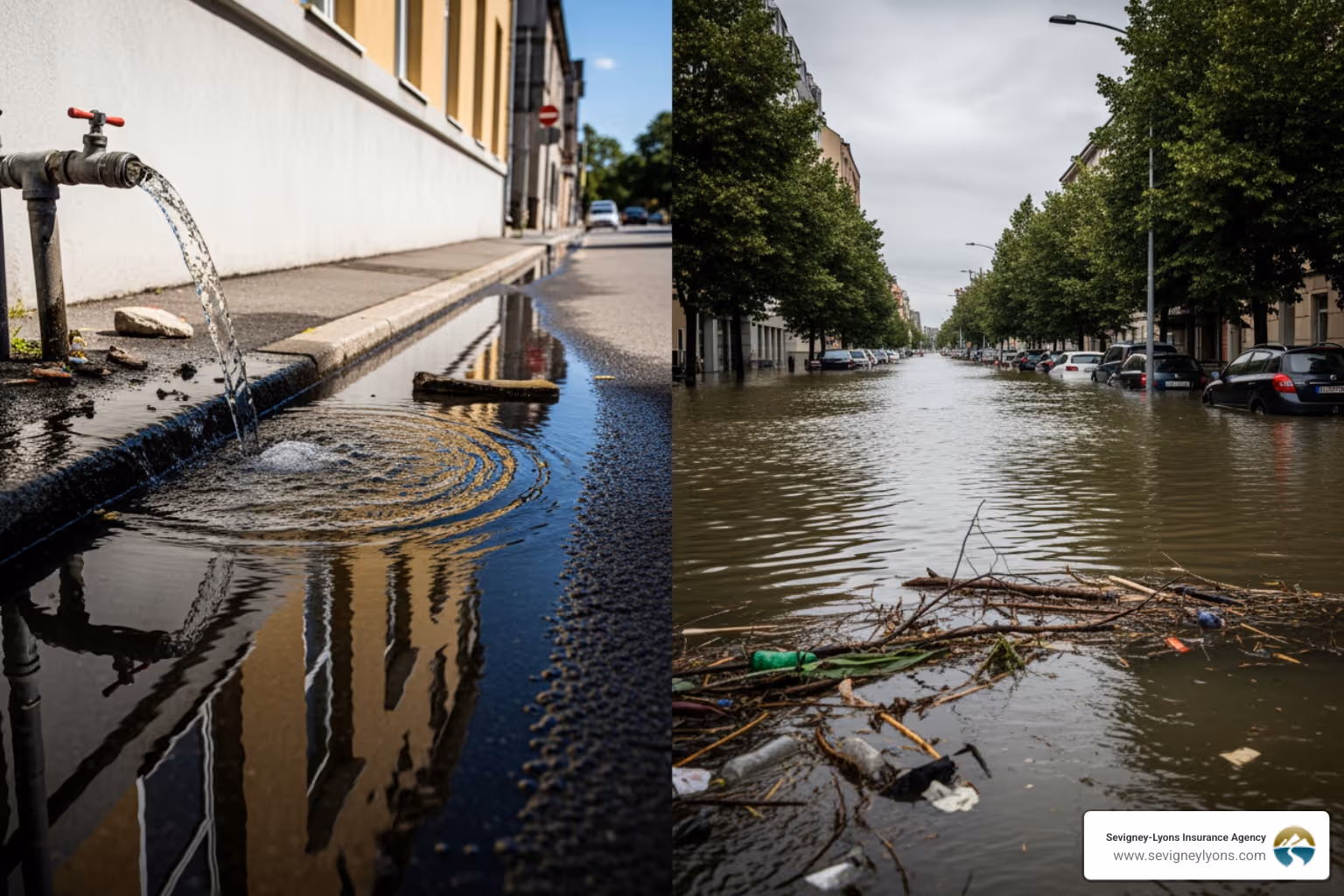 contrast of localized puddle from service line break with widespread overland floodwater - does homeowners insurance cover water main