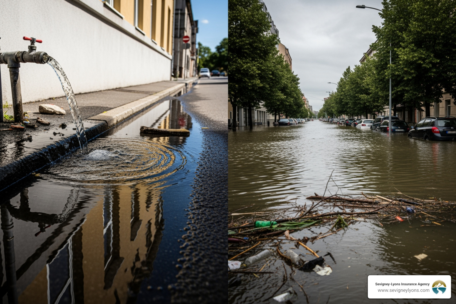 contrast of localized puddle from service line break with widespread overland floodwater - does homeowners insurance cover water main