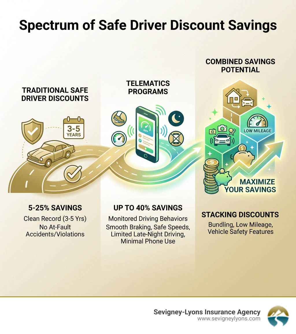 Infographic showing the spectrum of safe driver discount savings: Traditional safe driver discounts (5-25% savings) based on clean driving record for 3-5 years with no at-fault accidents or violations; Telematics programs (up to 40% savings) based on monitored driving behaviors like smooth braking, safe speeds, limited late-night driving, and minimal phone use; Combined savings potential when stacking safe driver discounts with other available discounts like bundling, low mileage, and vehicle safety features - Safe driver discount infographic 