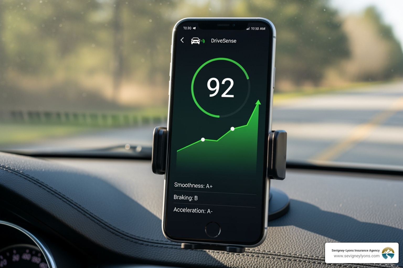 Smartphone displaying a driving score app next to a car's dashboard - Safe driver discount