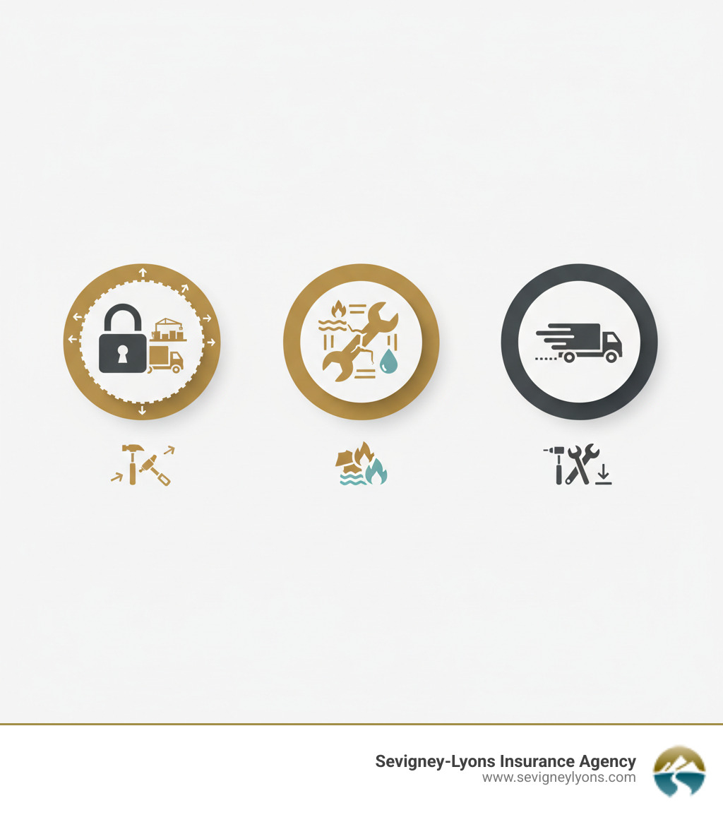 infographic showing three main risks to contractor tools: theft from job sites and vehicles with a padlock icon, physical damage from fire flood and vandalism with a broken wrench icon, and loss during transit between locations with a truck icon - Tools Insurance for Contractors infographic infographic showing three main risks to contractor tools: theft from job sites and vehicles with a padlock icon, physical damage from fire flood and vandalism with a broken wrench icon, and loss during transit between locations with a truck icon - Tools Insurance for Contractors infographic