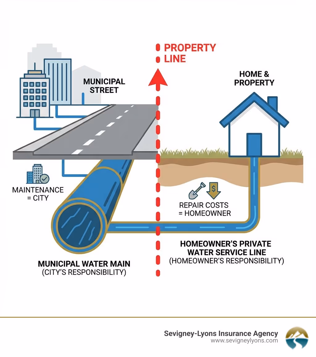 infographic showing the difference between a municipal water main (the city's large pipe under the street) and a homeowner's private water service line (the smaller pipe running from the street to the house, with the property line clearly marked showing where the homeowner's responsibility begins) - does homeowners insurance cover water main replacement infographic infographic showing the difference between a municipal water main (the city's large pipe under the street) and a homeowner's private water service line (the smaller pipe running from the street to the house, with the property line clearly marked showing where the homeowner's responsibility begins) - does homeowners insurance cover water main replacement infographic