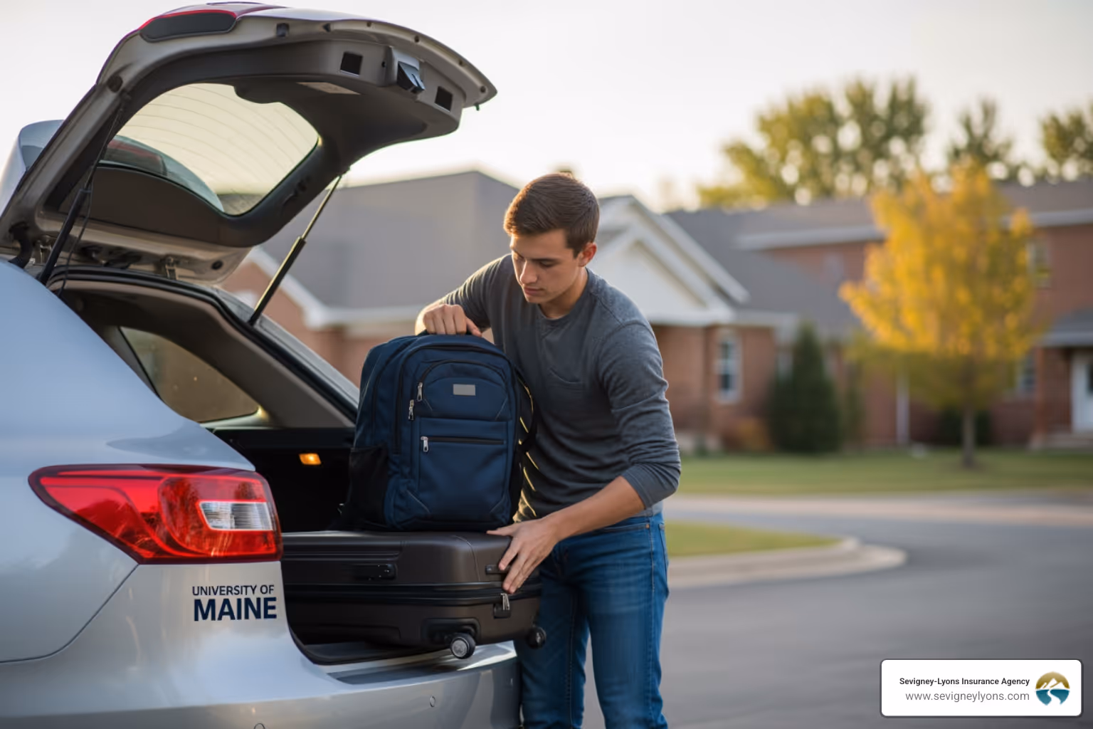 college student packing a car with a University of Maine sticker - best temporary car insurance for young drivers college student packing a car with a University of Maine sticker - best temporary car insurance for young drivers