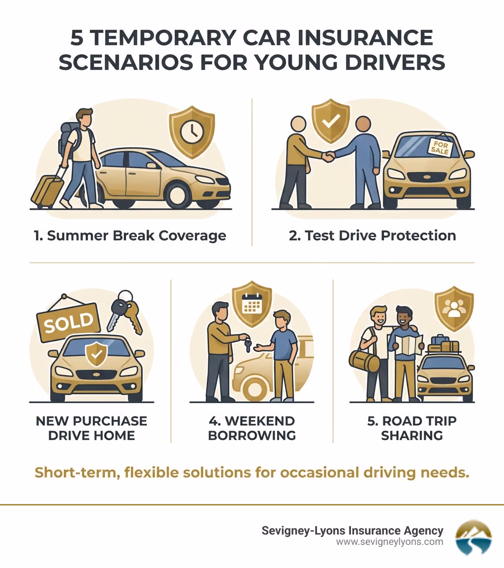 infographic showing 5 scenarios: 1. College student with suitcase next to car labeled "Summer Break Coverage", 2. Two people shaking hands next to car labeled "Test Drive Protection", 3. Car with keys and "SOLD" sign labeled "New Purchase Drive Home", 4. Parent handing keys to teen labeled "Weekend Borrowing", 5. Two friends with luggage labeled "Road Trip Sharing" - best temporary car insurance for young drivers infographic infographic showing 5 scenarios: 1. College student with suitcase next to car labeled "Summer Break Coverage", 2. Two people shaking hands next to car labeled "Test Drive Protection", 3. Car with keys and "SOLD" sign labeled "New Purchase Drive Home", 4. Parent handing keys to teen labeled "Weekend Borrowing", 5. Two friends with luggage labeled "Road Trip Sharing" - best temporary car insurance for young drivers infographic