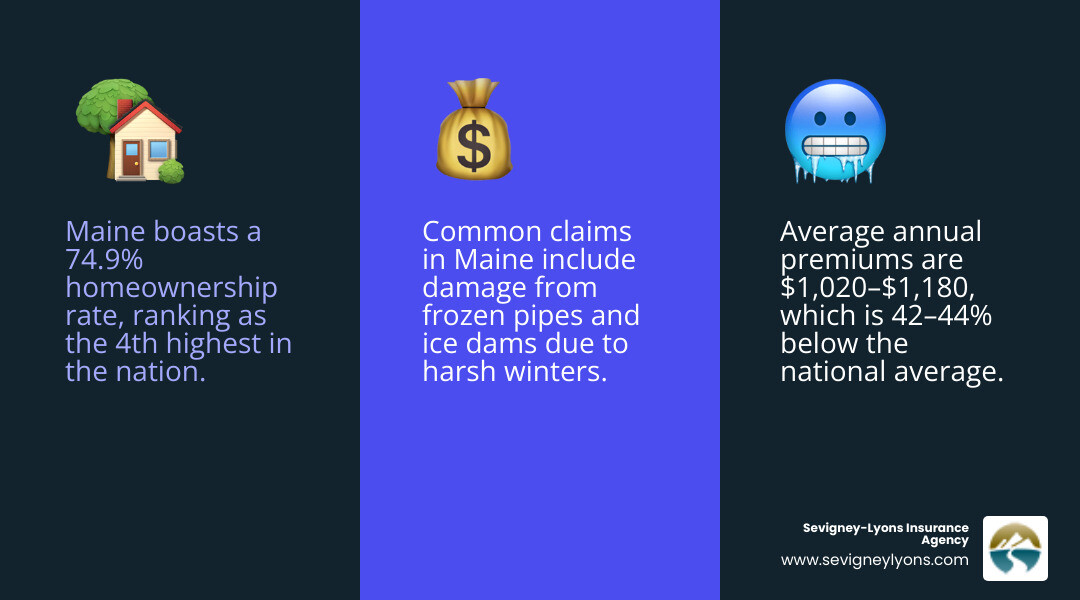 Infographic showing Maine home insurance statistics: 74.9% homeownership rate, average annual premium $1,020–$1,180, 42–44% below national average, common claims include frozen pipes and ice dams, less than 1% of Maine homes carry flood insurance, homeowners with poor credit pay 77% more than those with good credit - maine home insurance infographic 3_facts_emoji_blue