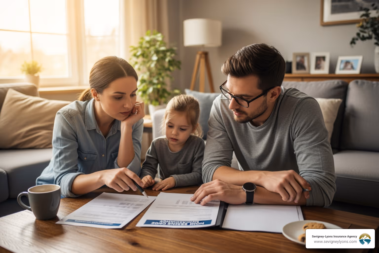 Family reviewing home insurance policy documents - maine home insurance Family reviewing home insurance policy documents - maine home insurance