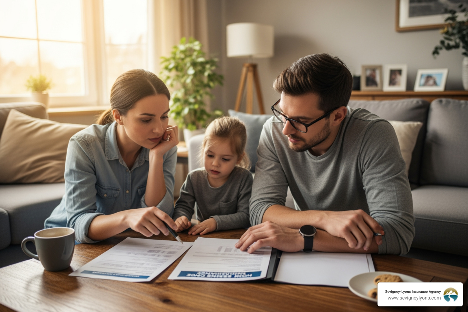 Family reviewing home insurance policy documents - maine home insurance