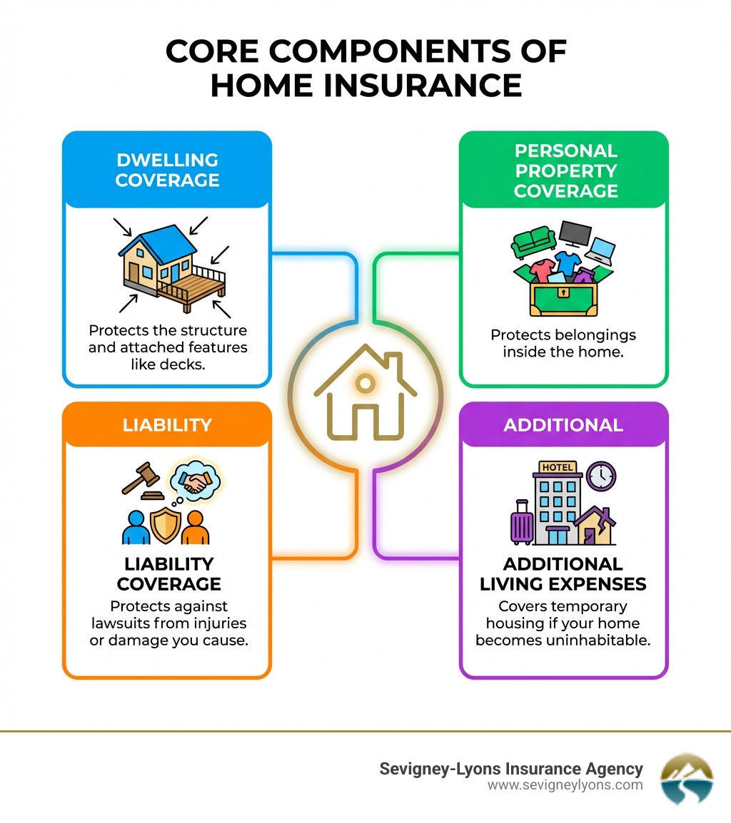 infographic showing four main components of home insurance: Dwelling Coverage protects the structure and attached features like decks; Personal Property Coverage protects belongings inside the home; Liability Coverage protects against lawsuits from injuries or damage you cause; Additional Living Expenses covers temporary housing if your home becomes uninhabitable - Best home insurance infographic infographic showing four main components of home insurance: Dwelling Coverage protects the structure and attached features like decks; Personal Property Coverage protects belongings inside the home; Liability Coverage protects against lawsuits from injuries or damage you cause; Additional Living Expenses covers temporary housing if your home becomes uninhabitable - Best home insurance infographic