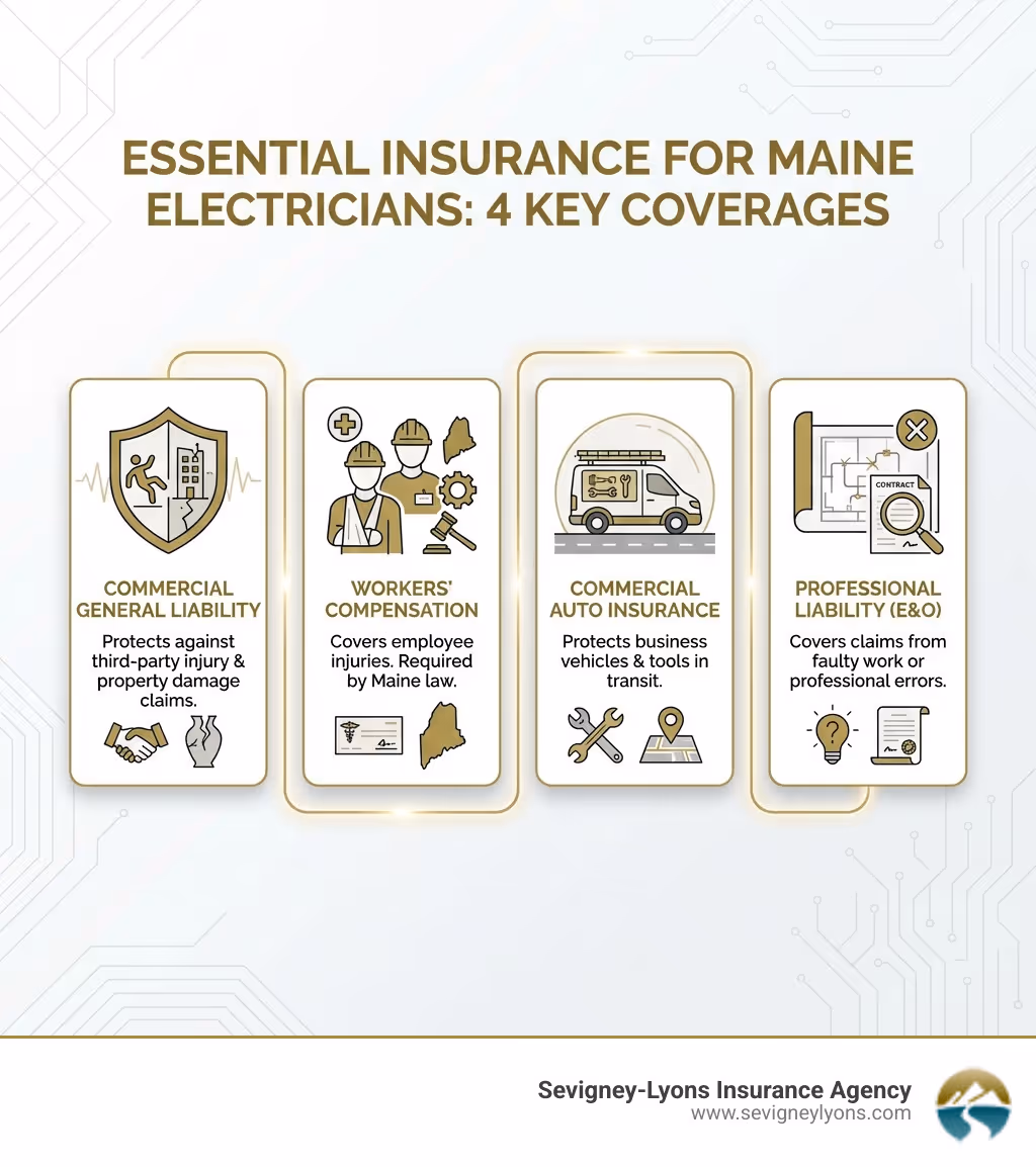 Infographic showing four essential insurance coverages for electricians: Commercial General Liability protects against third-party injury and property damage claims; Workers' Compensation covers employee injuries and is required by Maine law; Commercial Auto Insurance protects business vehicles and tools in transit; Professional Liability (E&O) covers claims from faulty work or professional errors - electrical contractors insurance infographic Infographic showing four essential insurance coverages for electricians: Commercial General Liability protects against third-party injury and property damage claims; Workers' Compensation covers employee injuries and is required by Maine law; Commercial Auto Insurance protects business vehicles and tools in transit; Professional Liability (E&O) covers claims from faulty work or professional errors - electrical contractors insurance infographic