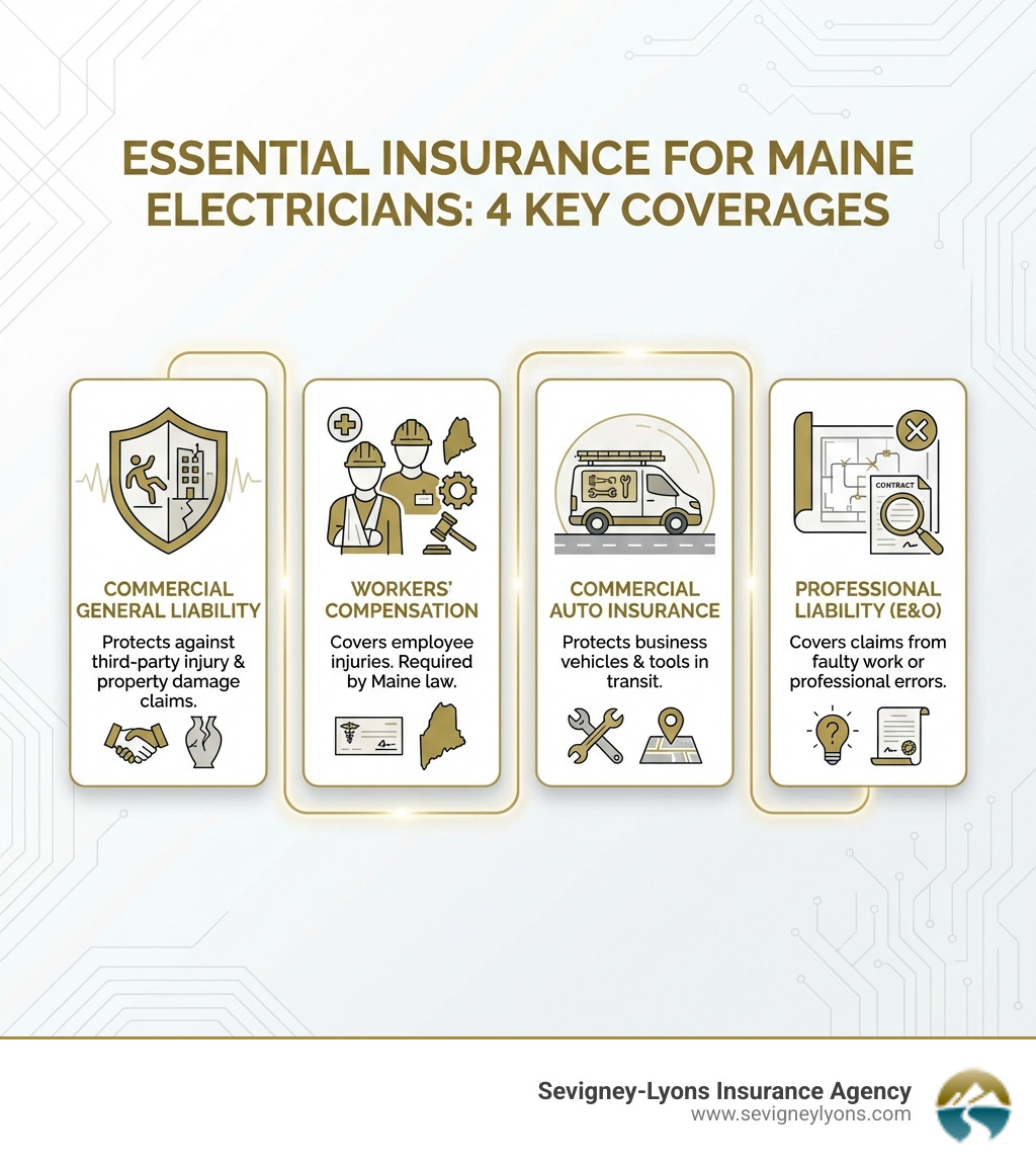 Infographic showing four essential insurance coverages for electricians: Commercial General Liability protects against third-party injury and property damage claims; Workers' Compensation covers employee injuries and is required by Maine law; Commercial Auto Insurance protects business vehicles and tools in transit; Professional Liability (E&O) covers claims from faulty work or professional errors - electrical contractors insurance infographic Infographic showing four essential insurance coverages for electricians: Commercial General Liability protects against third-party injury and property damage claims; Workers' Compensation covers employee injuries and is required by Maine law; Commercial Auto Insurance protects business vehicles and tools in transit; Professional Liability (E&O) covers claims from faulty work or professional errors - electrical contractors insurance infographic