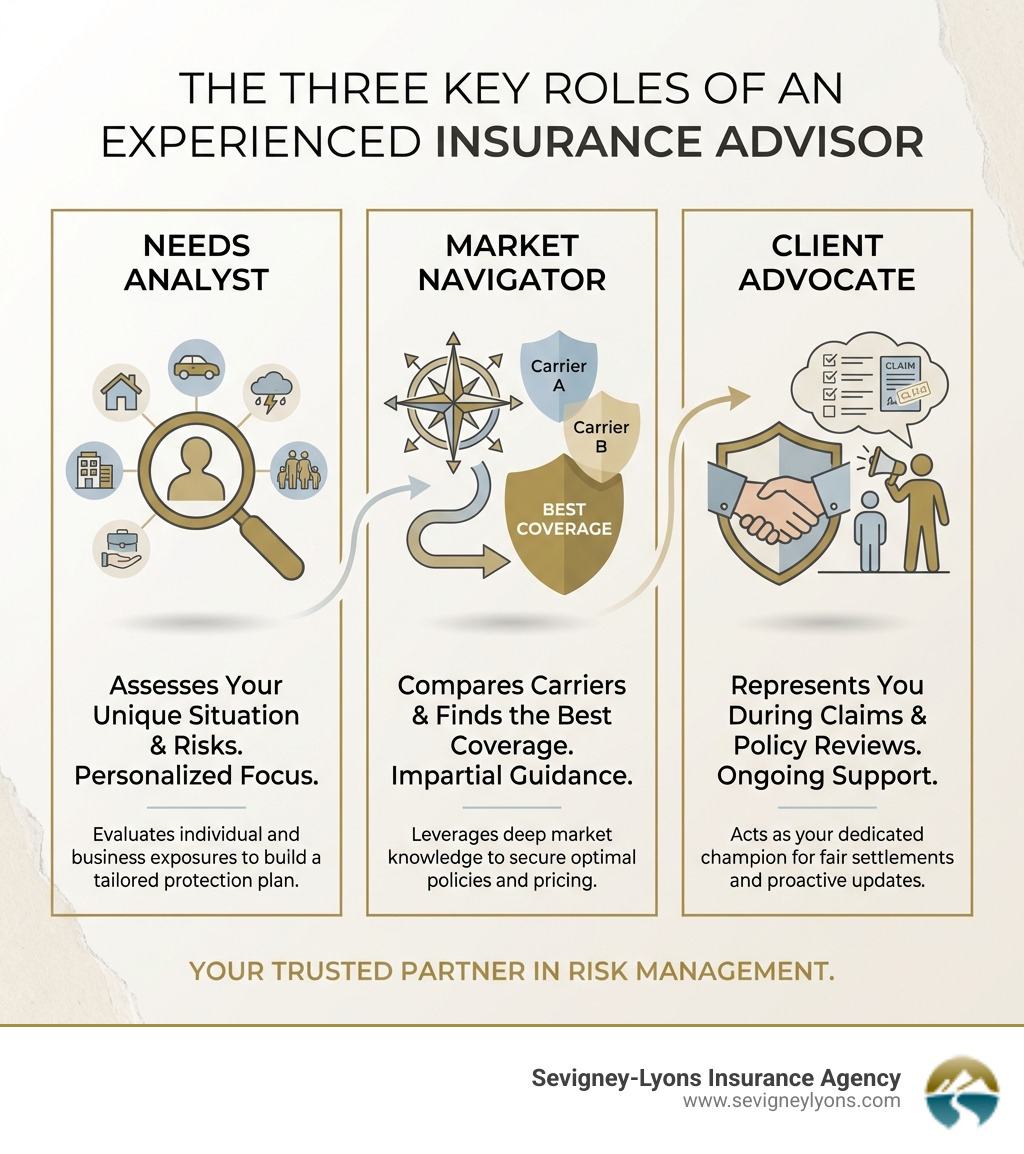 infographic showing three key roles of insurance advisors: needs analyst who assesses your unique situation and risks, market navigator who compares carriers and finds the best coverage, and client advocate who represents you during claims and policy reviews - Experienced insurance advisors infographic infographic showing three key roles of insurance advisors: needs analyst who assesses your unique situation and risks, market navigator who compares carriers and finds the best coverage, and client advocate who represents you during claims and policy reviews - Experienced insurance advisors infographic