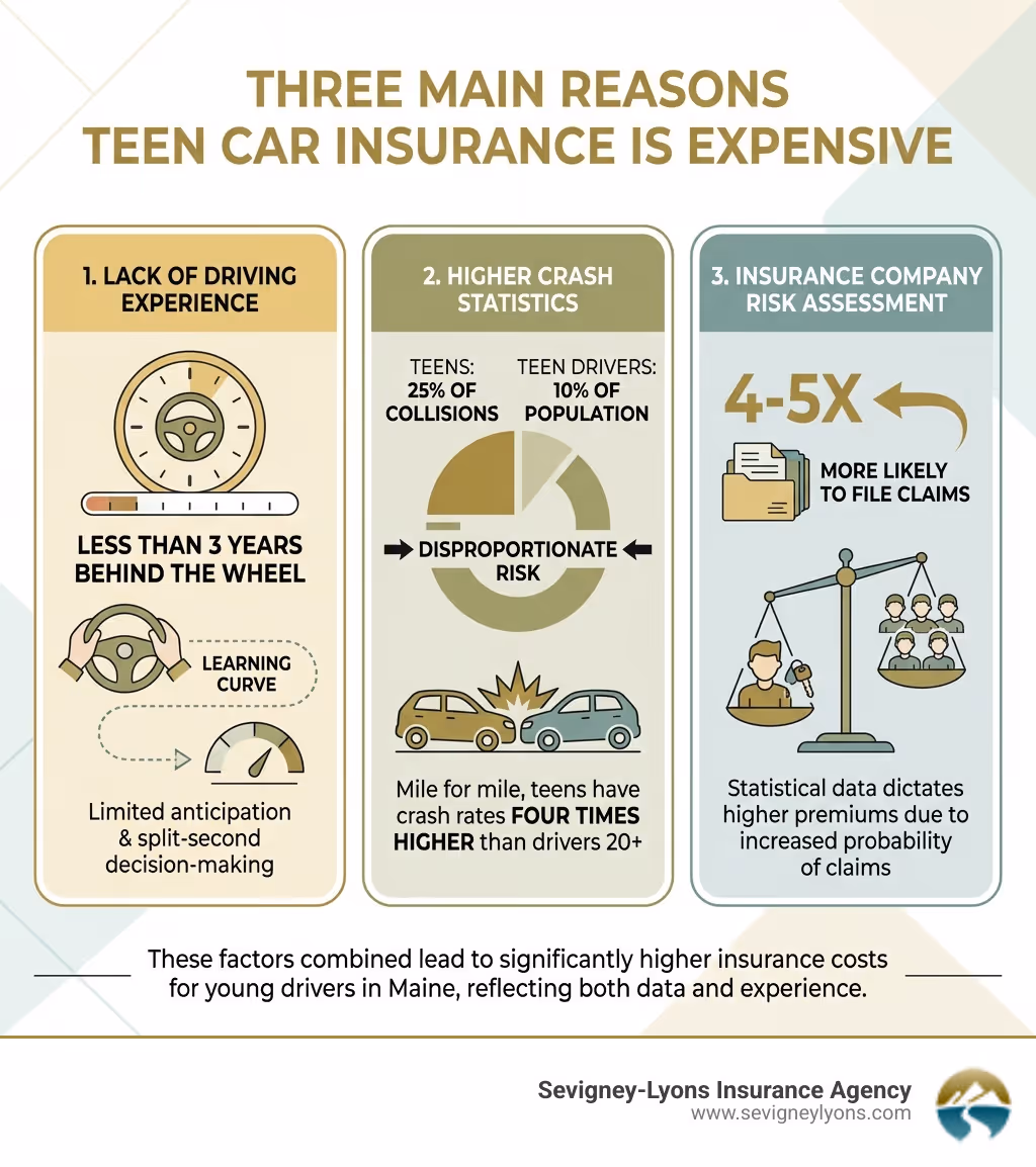 infographic showing three main reasons teen car insurance is expensive: 1. Lack of driving experience (less than 3 years behind the wheel), 2. Higher crash statistics (teens account for 25% of collisions while representing only 10% of drivers), and 3. Insurance company risk assessment (statistical data shows teens are 4-5 times more likely to file claims than experienced drivers) - affordable car insurance for teenage drivers infographic infographic showing three main reasons teen car insurance is expensive: 1. Lack of driving experience (less than 3 years behind the wheel), 2. Higher crash statistics (teens account for 25% of collisions while representing only 10% of drivers), and 3. Insurance company risk assessment (statistical data shows teens are 4-5 times more likely to file claims than experienced drivers) - affordable car insurance for teenage drivers infographic