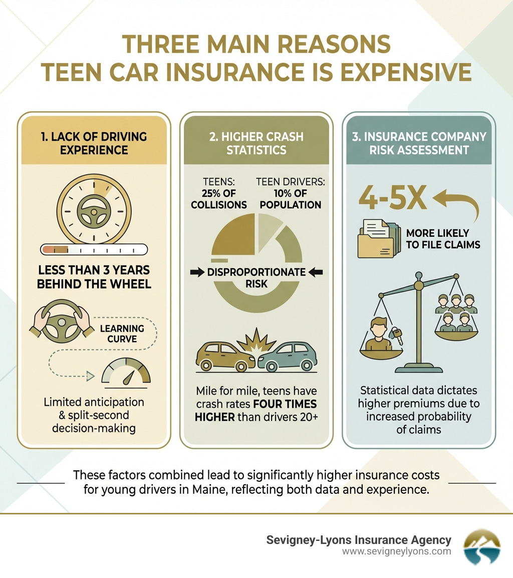 infographic showing three main reasons teen car insurance is expensive: 1. Lack of driving experience (less than 3 years behind the wheel), 2. Higher crash statistics (teens account for 25% of collisions while representing only 10% of drivers), and 3. Insurance company risk assessment (statistical data shows teens are 4-5 times more likely to file claims than experienced drivers) - affordable car insurance for teenage drivers infographic 