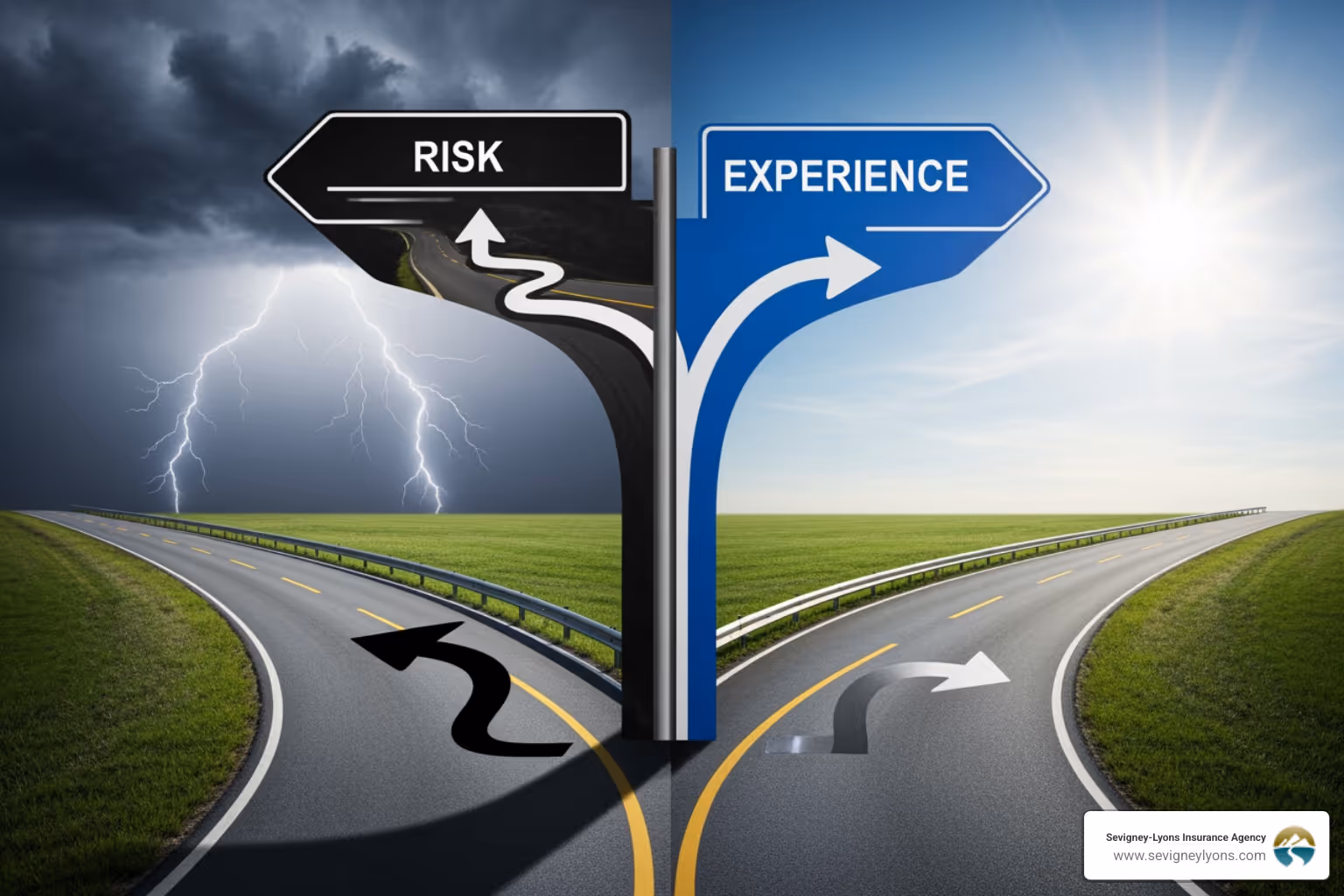 split road sign showing "High Risk" and "Experience" - affordable car insurance for teenage drivers split road sign showing "High Risk" and "Experience" - affordable car insurance for teenage drivers