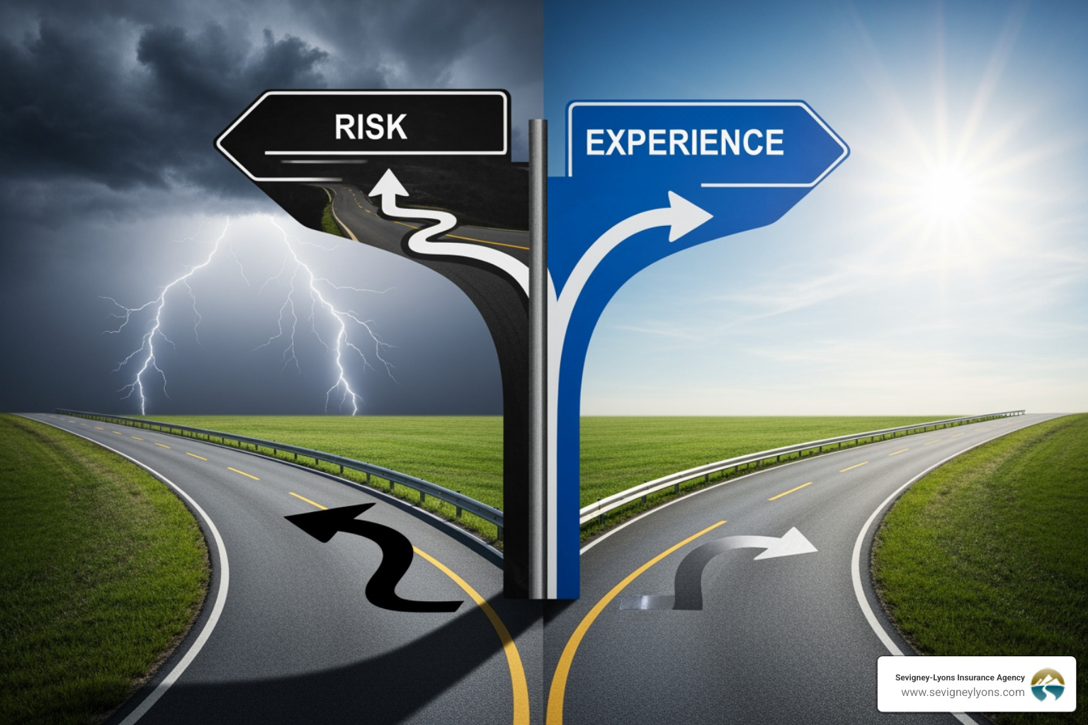 split road sign showing "High Risk" and "Experience" - affordable car insurance for teenage drivers