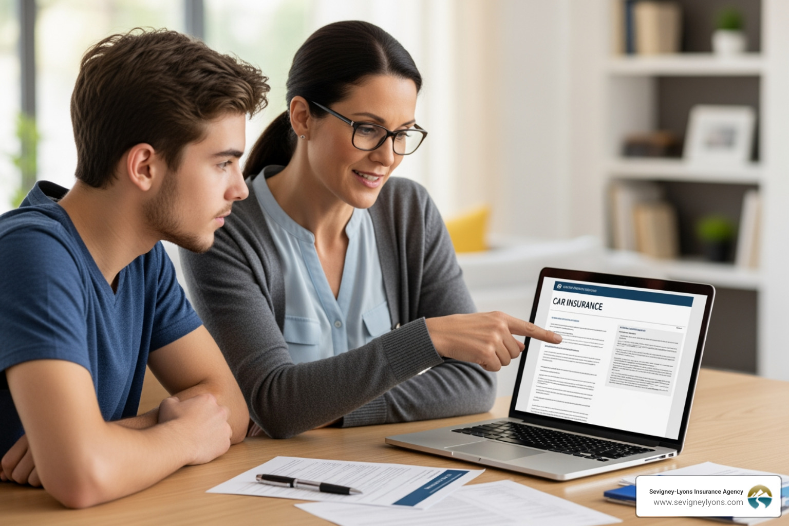 parent and teen reviewing an insurance policy together - affordable car insurance for teenage drivers