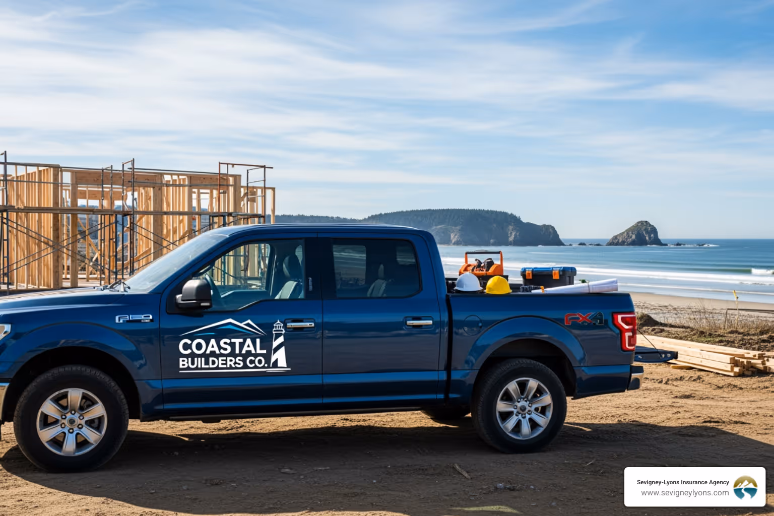 Contractor's truck with a local business logo in front of a job site in Ogunquit - Commercial vehicle fleet insurance Contractor's truck with a local business logo in front of a job site in Ogunquit - Commercial vehicle fleet insurance