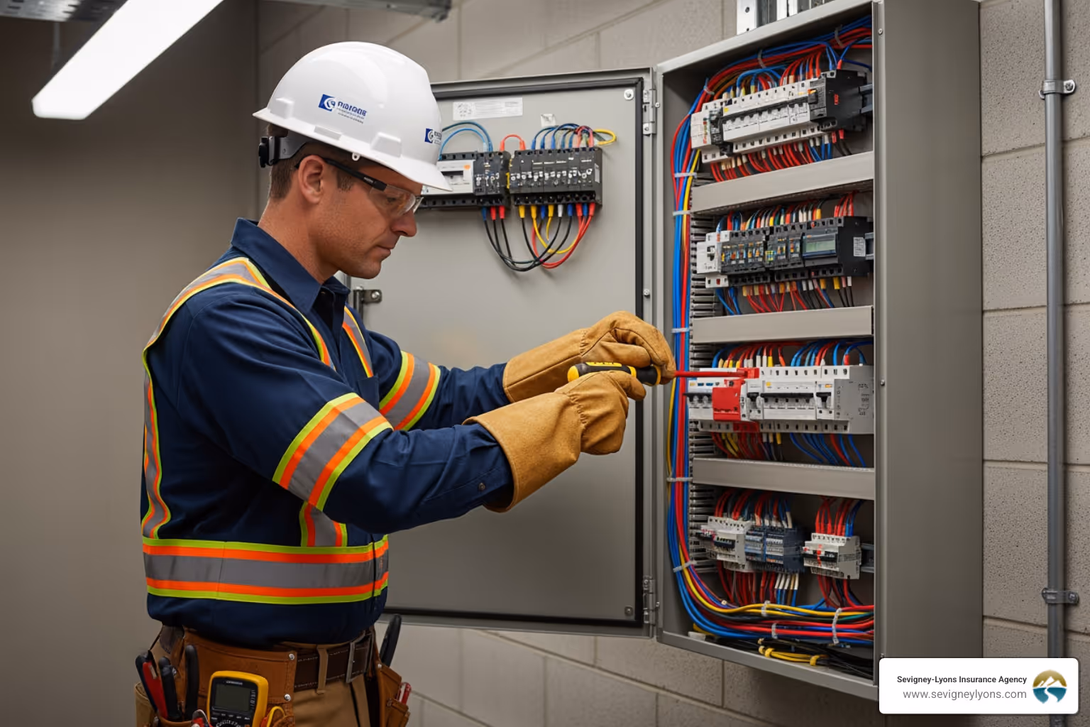 electrician working on electrical panel - electrical contractor insurance cost