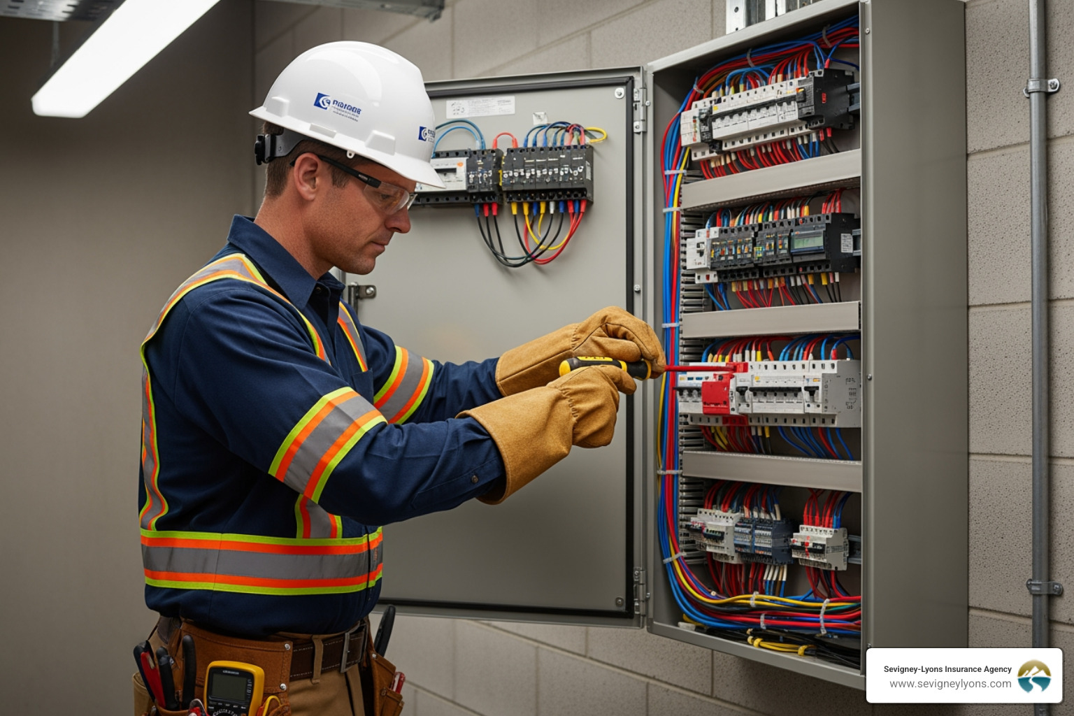 electrician working on electrical panel - electrical contractor insurance cost
