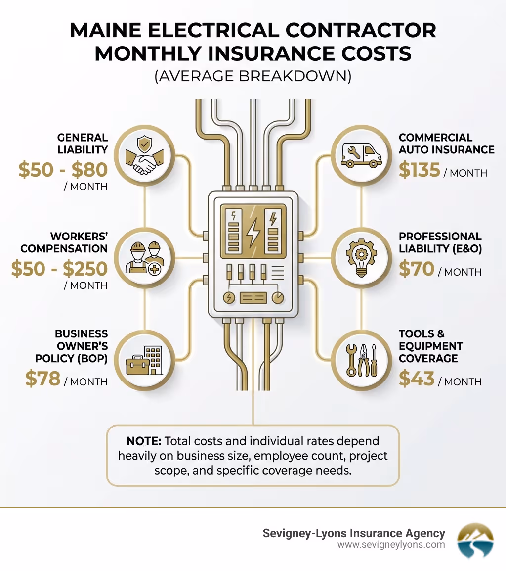 infographic showing the breakdown of average monthly insurance costs for Maine electrical contractors, including general liability at $50-80, workers comp at $50-250, BOP at $78, commercial auto at $135, professional liability at $70, and tools and equipment at $43, with a note that total costs depend on business size and coverage needs - electrical contractor insurance cost infographic 