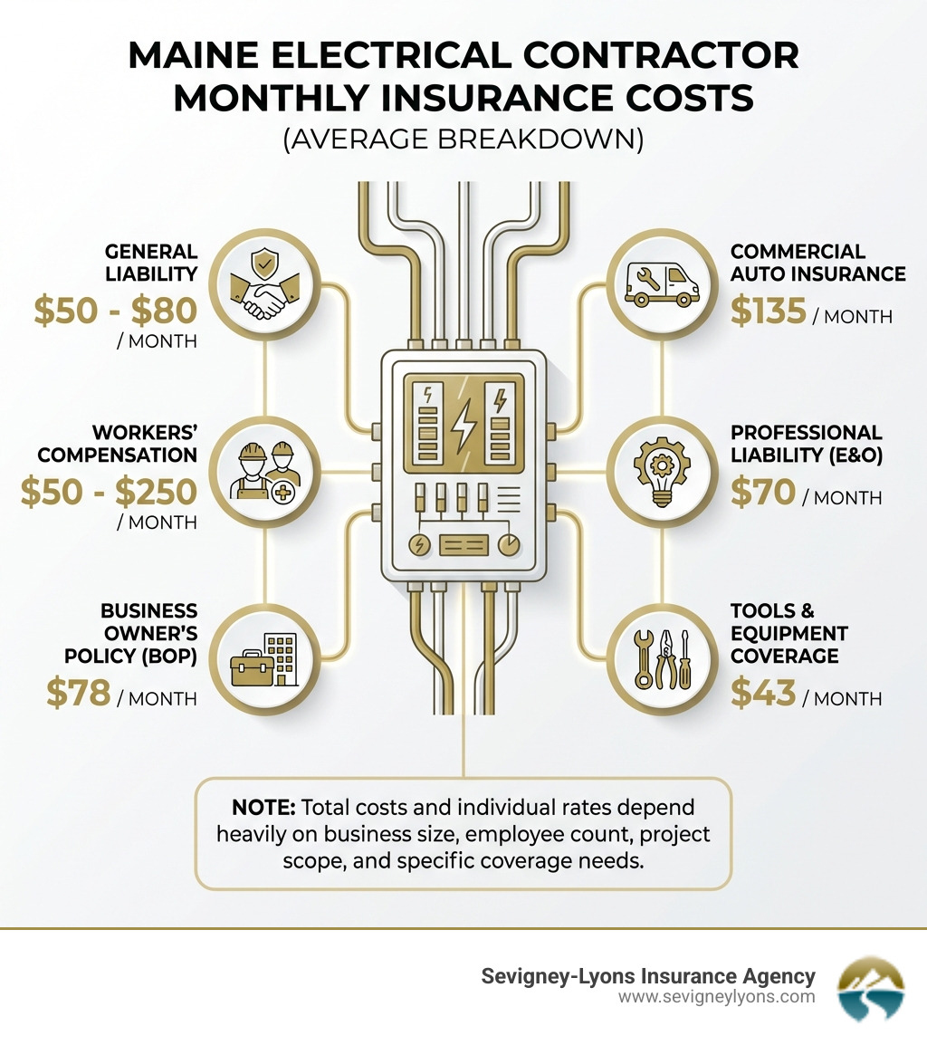 infographic showing the breakdown of average monthly insurance costs for Maine electrical contractors, including general liability at $50-80, workers comp at $50-250, BOP at $78, commercial auto at $135, professional liability at $70, and tools and equipment at $43, with a note that total costs depend on business size and coverage needs - electrical contractor insurance cost infographic 