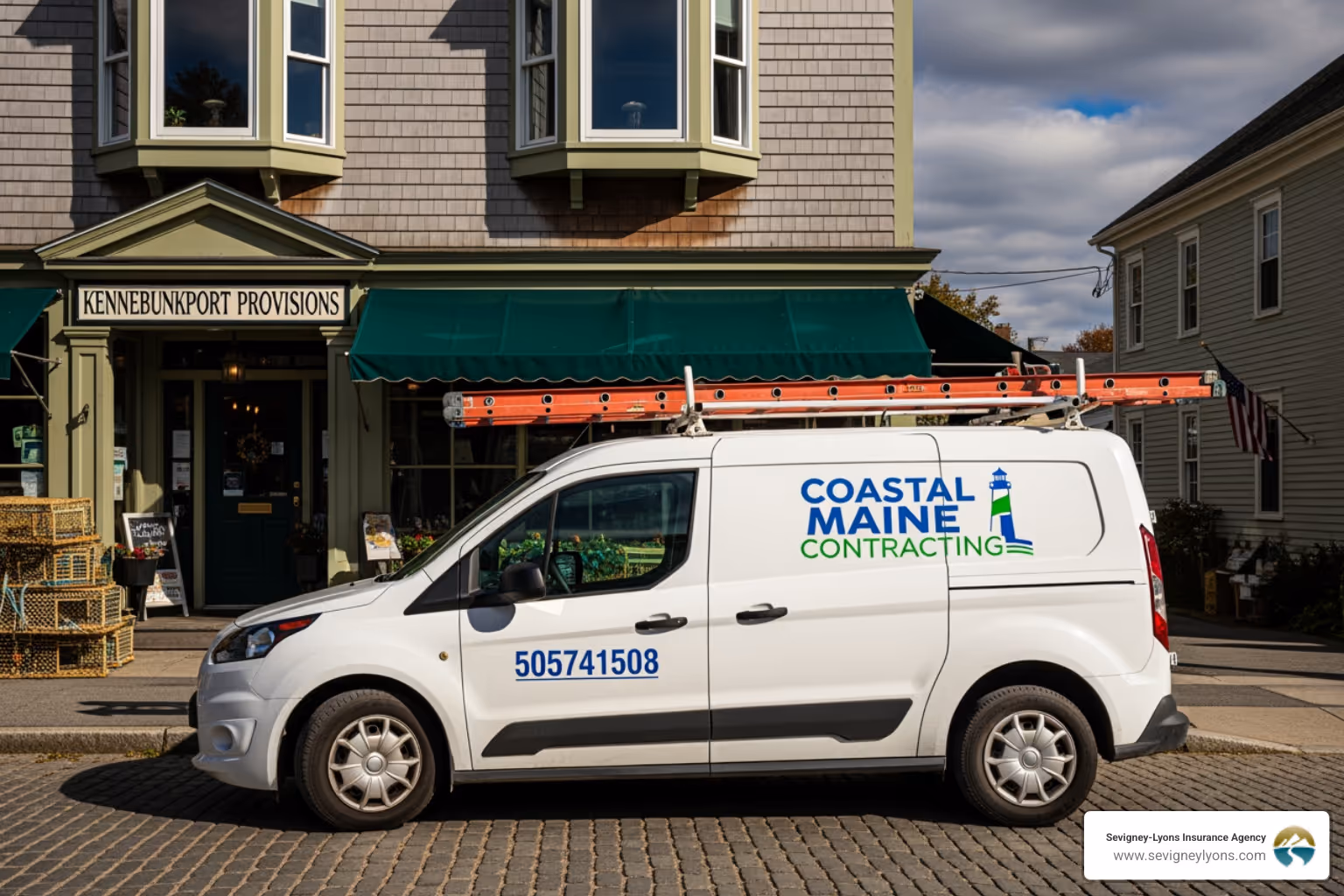 contractor's work van with company logo in front of Kennebunk storefront - electrical contractor insurance cost