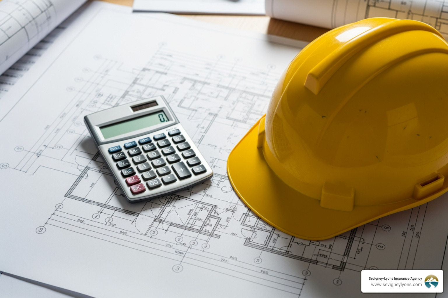 calculator and hard hat on a blueprint - electrical contractor insurance cost