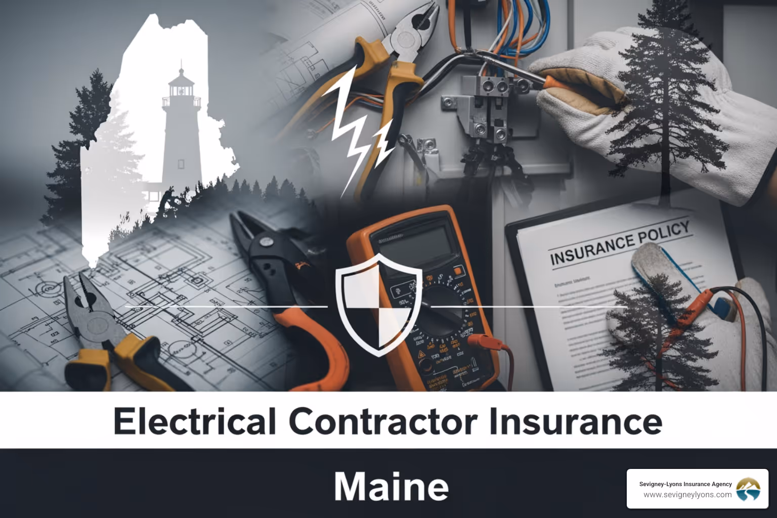A professional electrician in a branded Sevigney-Lyons service van navigating the coastal roads of Ogunquit during a winter storm, highlighting the need for specialized coastal coverage - Electrical contractor insurance Maine